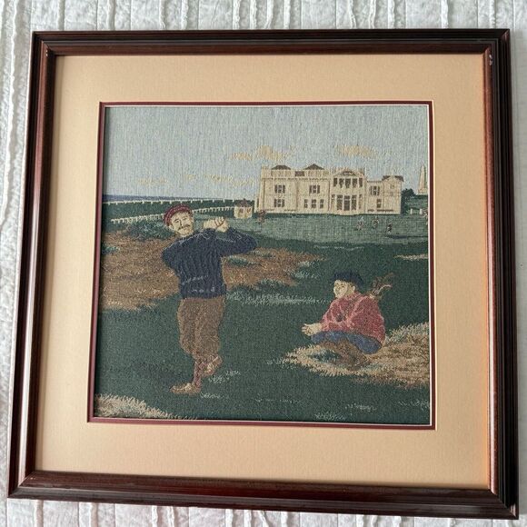 Golf Tapestry Matted Framed Father Son Golf Course Office Den VTG 25x26" - Picture 1 of 6